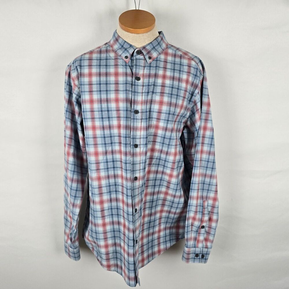 Columbia Button Down Shirt Men's L Blue Red Plaid Button Down Collar Long Sleeve